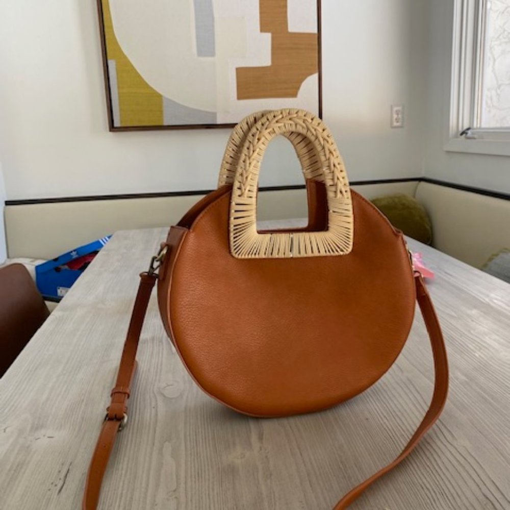 Circular Vegan Leather and Rattan Bag By Anthropologie
